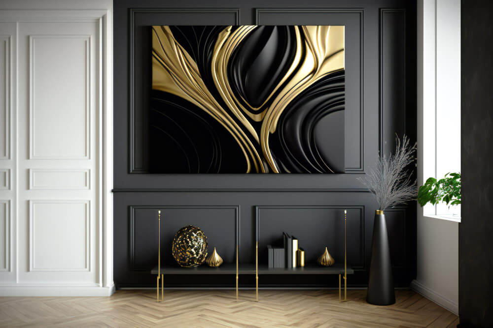W nowoczesnym przedpokoju czarna sztukateria ścienna dodaje wnętrzu elegancji i głębi. Ścianę zdobi złoto-czarna abstrakcyjna grafika, która doskonale komponuje się z ciemnym tłem. Drewniana podłoga w jasnym odcieniu wprowadza kontrast i ciepło do całej aranżacji, a subtelne dekoracje na półkach podkreślają wyrafinowany styl wnętrza.
